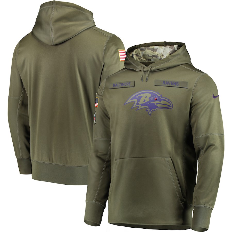 Men's Baltimore Ravens 2018 Olive Salute to Service Sideline Therma Performance Pullover Stitched Hoodie